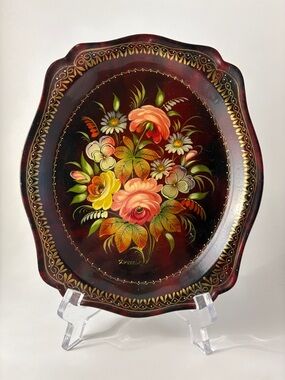 Hand-Painted Floral Accent Tray in Burgundy with Gold Detail
